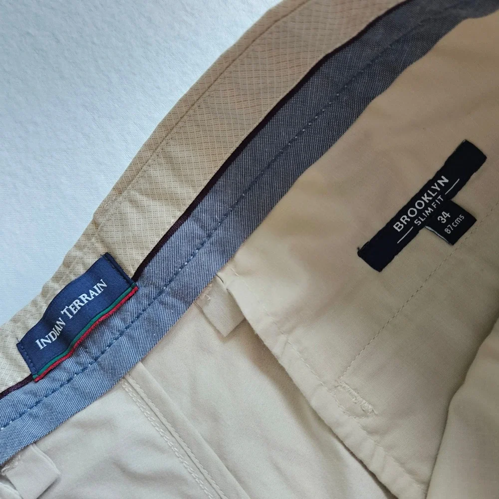 Indian Terrain Brooklyn Slim Fit Chinos Mens 34 Tan Beige Textured Cotton Pants